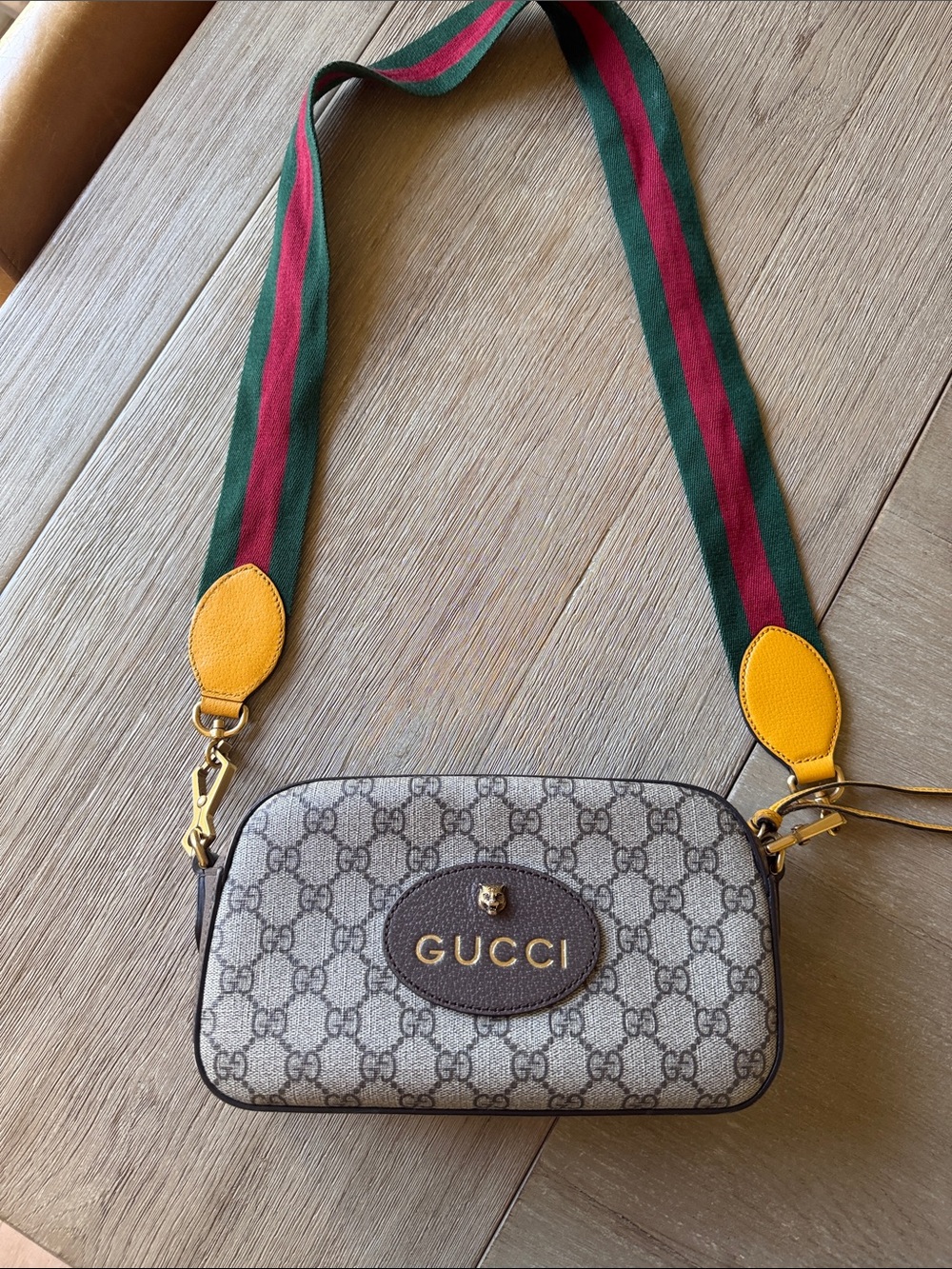 Gucci Supreme Neo Vintage Crossbody Bag with Green-Red Stripe Strap
